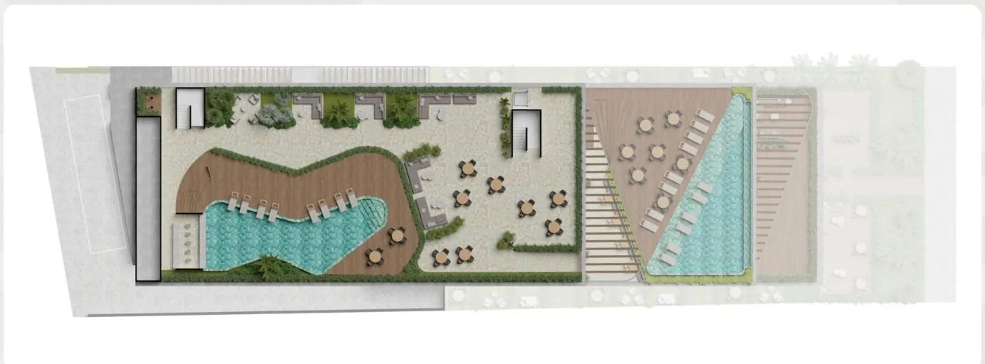 Planta do rooftop com piscinas e deck